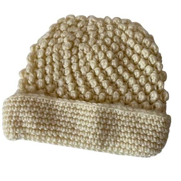 Vintage 100% Acrylic Textured Cream Chunky Knit Beanie Hat Fisherman Japan - Picture 2 of 4